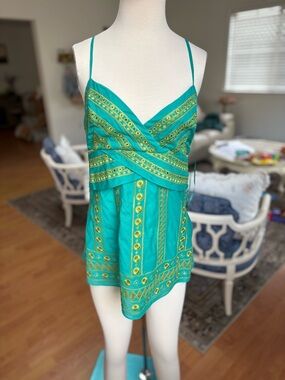 Catherine Malandrino Teal Tank with Gold Embroidered Trim